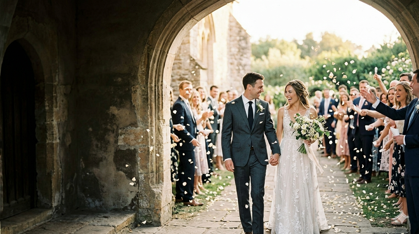 Bride and groom walking hand in hand through a stone archway as guests throw flower petals