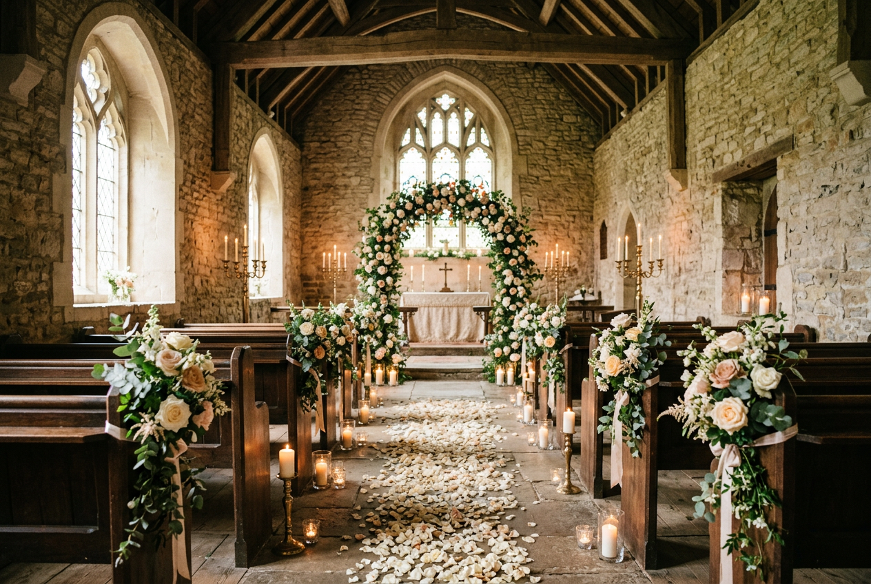 Historic church wedding ceremony with floral arch, pew flowers, and candlelit aisle