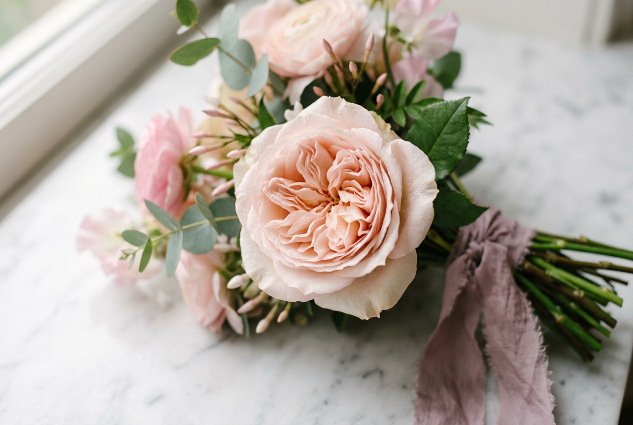 Blush bridal bouquet with garden roses and silk ribbon on marble