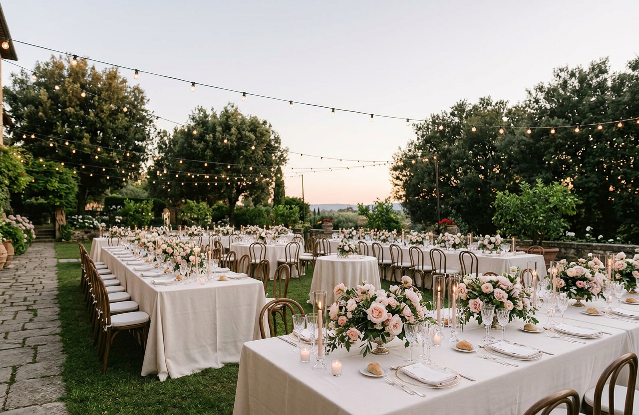 Outdoor wedding reception with long tables and string lights at sunset
