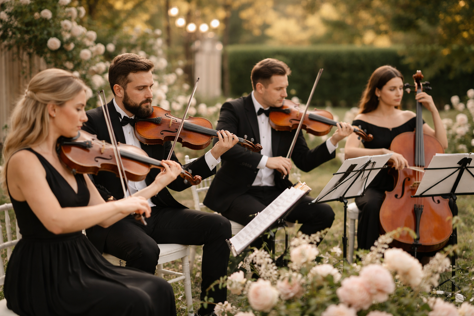 String quartet performing at a garden wedding