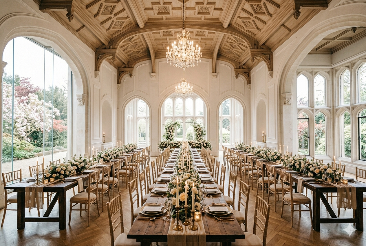Elegant indoor wedding venue with long banquet tables and chandeliers